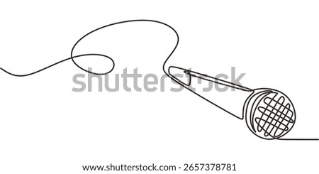Minimalist one line drawing of a wired microphone with long cable. Simple continuous line art for music, podcast, or karaoke concepts. Vector illustration on white background.