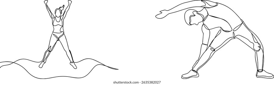 Minimalist one line drawings of active people exercising and doing fitness activities