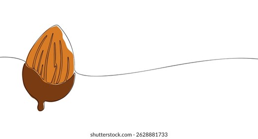 Minimalist one line illustration of an almond partially dipped in chocolate, ideal for healthy snack or dessert concepts.
