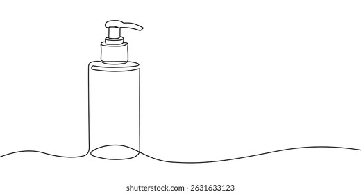 Minimalist one line illustration of a pump dispenser bottle, ideal for soap, lotion, or sanitizer in hygiene and skincare themes. Continuous line of a pump dispenser bottle icon. Vector illustration 