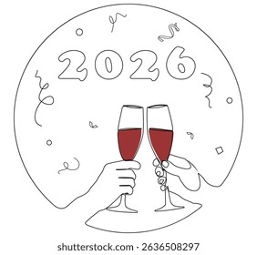 Minimalist one line illustration of two hands conferring over a wine glass to celebrate the New Year 2026, with festive confetti in the background
