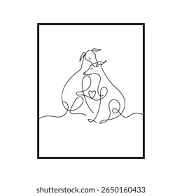 Minimalist one line illustration of two dogs cuddling with a heart between them. Symbol of love, companionship, and pet affection in elegant continuous line style.