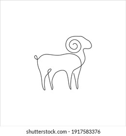 Minimalist one line male sheep Icon. Line drawing ram tattoo. Ram goat Vector Illustration. Free single line drawing of bighorn mountain goat or rams. One line hand drawing continuous art