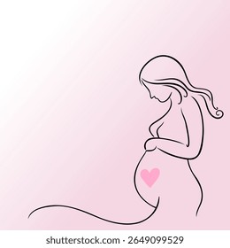 Ilustração minimalista de uma linha de mulher grávida com coração no nódulo do bebê
