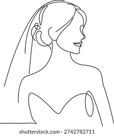Minimalist One Line Profile Drawing of a Bride with Veil	