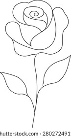 Minimalist one line rose flower illustration featuring elegant continuous line art with blooming petals and graceful leaves. Modern botanical floral drawing creates a timeless artistic aesthetic. Perfect vector design for branding, wedding stationery, packaging, wall art, and home 