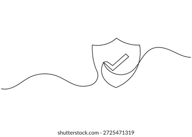 Escudo minimalista de uma linha com ícone de marca de seleção para segurança e confiança