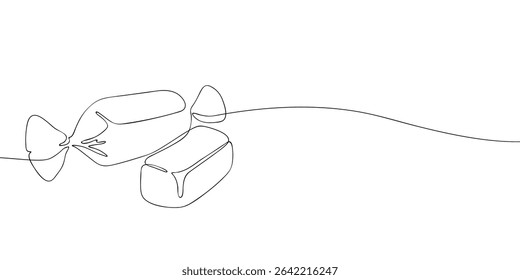 Esboço minimalista de uma linha de doces variados, com doces embalados e peças desenroladas, ideal para conceitos de sobremesa ou embalagem.
