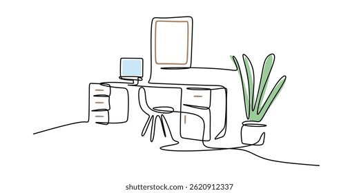 Minimalist One Line Style Desk Chair Computer Plant. Modern Office Concept Vector.
