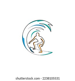 Minimalist one line surfer vacation sea wave logo design. Wave rider standing on a surfboard in the beach. Modern line art, vector, graphic, icon, illustration