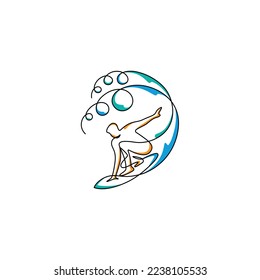 Minimalist one line surfer vacation sea wave logo design. Wave rider standing on a surfboard in the beach. Modern line art, vector, graphic, icon, illustration