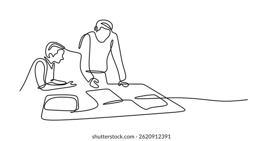 Minimalist One Line Vector Two Men Analyzing Documents. Business Teamwork Concept.