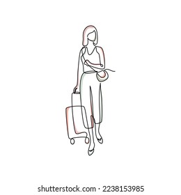 Minimalist one line woman holding suitcase logo design. Modern line art, vector, graphic, icon, illustration