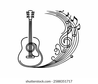 Minimalist one single line drawing guitar acoustic musical notes flowing