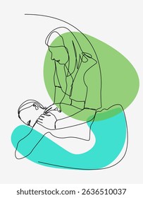 Minimalist one stroke line illustration depicts a spa therapist giving a massage to a client, complemented by calming green and blue abstract shapes.