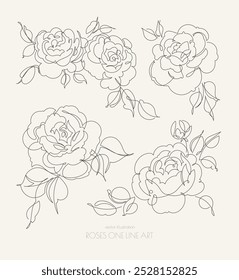 A minimalist one-line art drawing of blooming roses with leaves on beige background