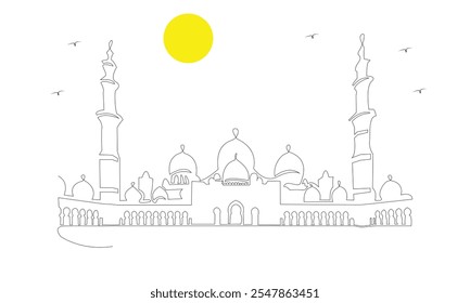 Ilustração minimalista em uma linha da Grande Mesquita Sheikh Zayed em Abu Dhabi, Emirados Árabes Unidos, exibindo suas cúpulas e arcos icônicos em um design elegante e contínuo.