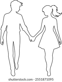 Arte minimalista de una línea de un hombre y una mujer tomados de la mano, mirándose. Una Ilustración vectorial simbólica que representa el amor, la compañía y el viaje por la vida juntos.