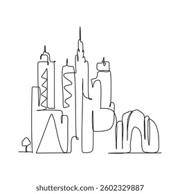 Minimalist one-line cityscape design. Continuous line drawing style. Ideal for modern prints, logos, and abstract decor projects