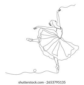 Um desenho minimalista de uma linha de uma bailarina em uma pose de dança graciosa. Esta ilustração elegante é perfeita para projetos com tema de balé, cartazes de artes cênicas, marca de estúdio de dança, etc.