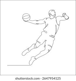 Minimalist one-line drawing of a basketball player in mid-air making a slam dunk, showcasing movement, energy, and athleticism in a simple, elegant style.