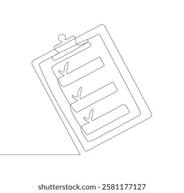 Minimalist one-line drawing of a clipboard with a check mark. Simple continuous line art