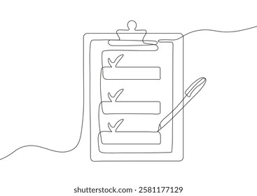 Minimalist one-line drawing of a clipboard with a check mark. Simple continuous line art