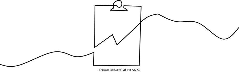 Minimalist one-line drawing of a clipboard with a rising chart, symbolizing growth, business, and progress, ideal for office, finance, and planning themes.