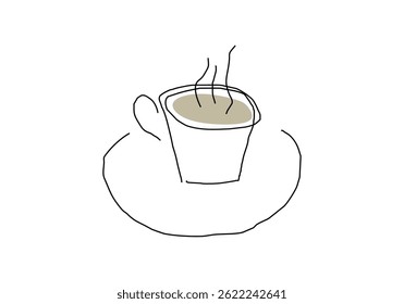 Minimalist one-line drawing of a coffee cup on a saucer with steam.
