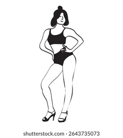 Desenho minimalista de uma linha de uma mulher confiante em saltos e maiôs, posando com a mão no quadril. O design limpo e moderno destaca a forma feminina, a positividade corporal e a elegância na moda na arte.