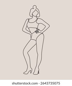 Minimalist one-line drawing of a confident woman in heels and swimwear, posing with hand on hip. Clean and modern design highlights feminine form, body positivity, and fashionable elegance in art.