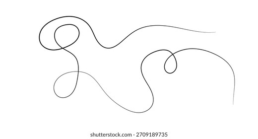 Dibujo minimalista de una línea de una línea negra continua y fluida con bucles y curvas sobre un fondo blanco, creando un diseño abstracto y elegante.
