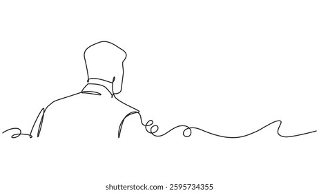 A minimalist one-line drawing depicting the back of a man in a simple outline, with an abstract curved line pattern extending from him, conveying a sense of modern artistic simplicity 