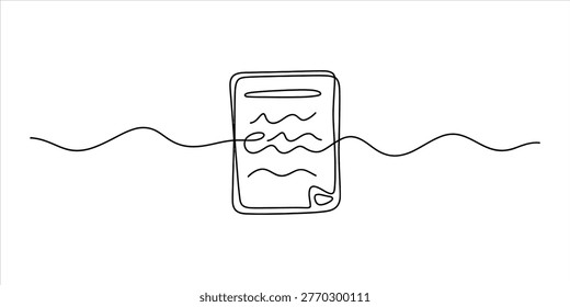 A minimalist one-line drawing depicts a document with wavy lines representing text, intersected by a continuous, flowing line suggesting a narrative or connection. Vector, illustration