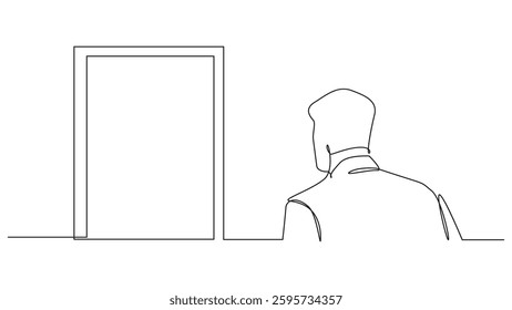 Minimalist one-line drawing depicts a man from the back, facing a doorway. A simple, yet evocative illustration suggesting opportunity, challenge, or decision. Perfect for conveying abstract concepts 