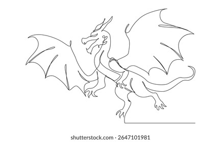 Desenho minimalista de uma linha de um dragão feroz com asas grandes, garras afiadas e uma postura poderosa, criado em um estilo de esboço contínuo.