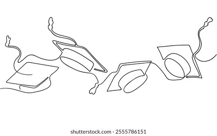 Minimalist One-Line Drawing of Graduation Hats Tossed in the Air