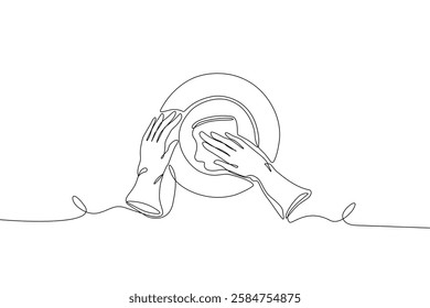 Minimalist one-line drawing of hands washing a plate. Clean, simple, and elegant continuous line art concept for hygiene, household chores, and daily life, Vector illustration witn Editable stroke