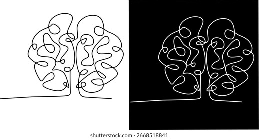 Dibujo minimalista de una línea de un cerebro humano con curvas abstractas, que simboliza la inteligencia, la psicología, la creatividad y la salud mental en estilo blanco y negro.
