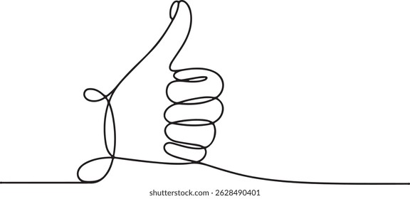 Minimalist one-line drawing of a human hand giving a thumbs-up gesture, continuous black line art isolated on a plain white background

