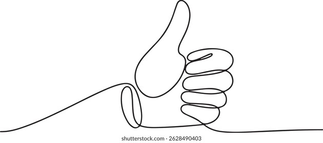 Minimalist one-line drawing of a human hand giving a thumbs-up gesture, continuous black line art isolated on a plain white background

