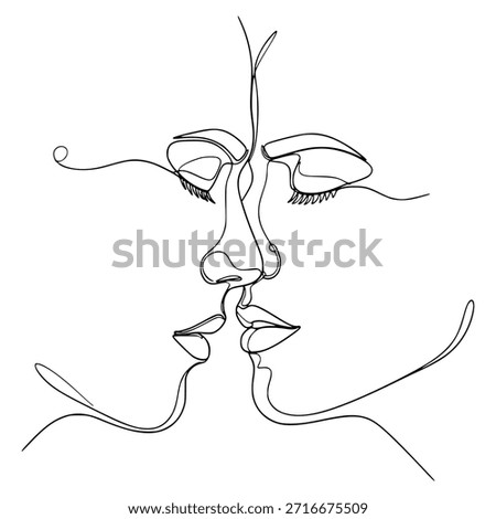 Minimalist one-line drawing illustrating two profiles facing each other, with lips almost touching, conveying a sense of love, intimacy, and connection.