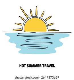 Minimalist one-line drawing illustration of a hot summer travel scene. A bright yellow sun with rays rises over calm blue water, with subtle line reflections. Caption below reads "Hot Summer Travel". 