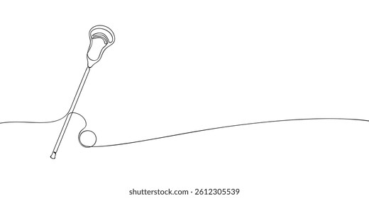 Minimalist one-line drawing of a lacrosse stick with a ball, representing the dynamic energy of the sport in abstract form.
