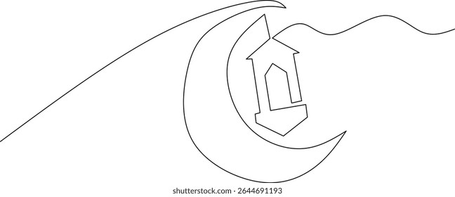 Minimalist one-line drawing of a lantern inside a crescent moon, symbolizing Ramadan or Islamic spirituality. Perfect for festive, cultural, or religious-themed design projects.