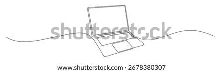 Minimalist one-line drawing of a laptop computer with creative wave line. Modern simple outline perfect for technology designs.