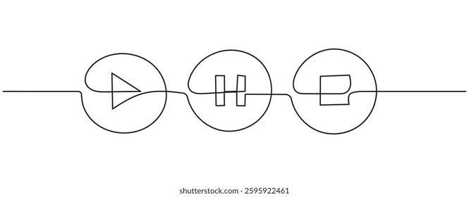 A minimalist, one-line drawing of media control icons - play, pause, and stop. The continuous line creates a clean, modern aesthetic.