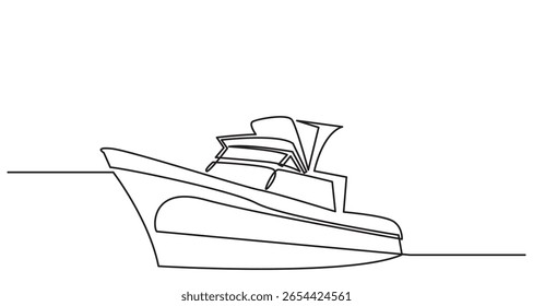 Minimalist one-line drawing of a modern yacht cruising on the water, featuring clean contours and sleek design elements. Ideal for marine, travel, or nautical-themed creative projects.
