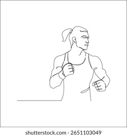 Minimalist one-line drawing of a muscular MMA fighter in a fighting stance, wearing a tank top and looking to the side with clenched fists.