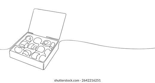 Desenho minimalista de uma linha de uma caixa de chocolate aberta preenchida com doces variados, ideal para românticos ou visuais com tema de sobremesa.
